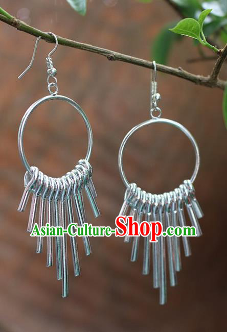 Traditional Chinese Miao Nationality Crafts Jewelry Accessory Classical Earbob Accessories, Hmong Handmade Miao Silver Exaggerated Palace Tassel Earrings, Miao Ethnic Minority Eardrop for Women