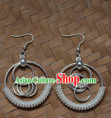 Traditional Chinese Miao Nationality Crafts Jewelry Accessory Classical Earbob Accessories, Hmong Handmade Miao Silver Exaggerated Palace Tassel Earrings, Miao Ethnic Minority Eardrop for Women