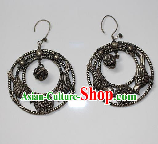 Traditional Chinese Miao Nationality Crafts Jewelry Accessory Classical Earbob Accessories, Hmong Handmade Miao Silver Birds Palace Lady Earrings, Miao Ethnic Minority Eardrop for Women