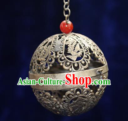 Traditional Chinese Miao Nationality Crafts Decoration Accessory Bronze Censer, Hmong Handmade Phoenix Round Burner Ornaments, Miao Ethnic Minority Exorcise Evil Incense Burner