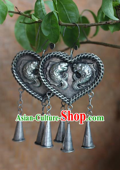 Traditional Chinese Miao Nationality Crafts Jewelry Accessory Classical Earbob Accessories, Hmong Handmade Miao Silver Double Fish Heart-shaped Palace Lady Earrings, Miao Ethnic Minority Bells Eardrop for Women