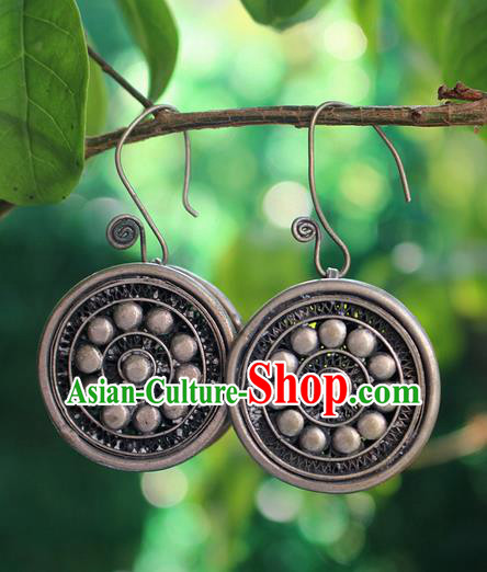 Traditional Chinese Miao Nationality Crafts Jewelry Accessory Classical Earbob Accessories, Hmong Handmade Miao Silver Round Palace Lady Earrings, Miao Ethnic Minority Eardrop for Women
