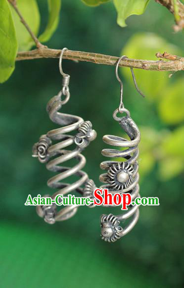 Traditional Chinese Miao Nationality Crafts Jewelry Accessory Classical Earbob Accessories, Hmong Handmade Miao Silver Palace Earrings, Miao Ethnic Minority Eardrop for Women