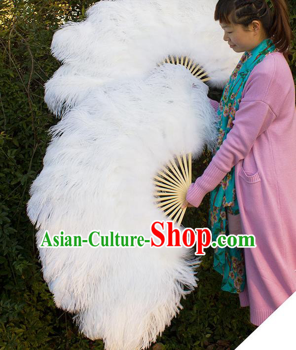 Traditional Handmade Chinese Classical Feather Fans, China Folk Dance Fan dance Stage Performance Large Size White Fan for Women