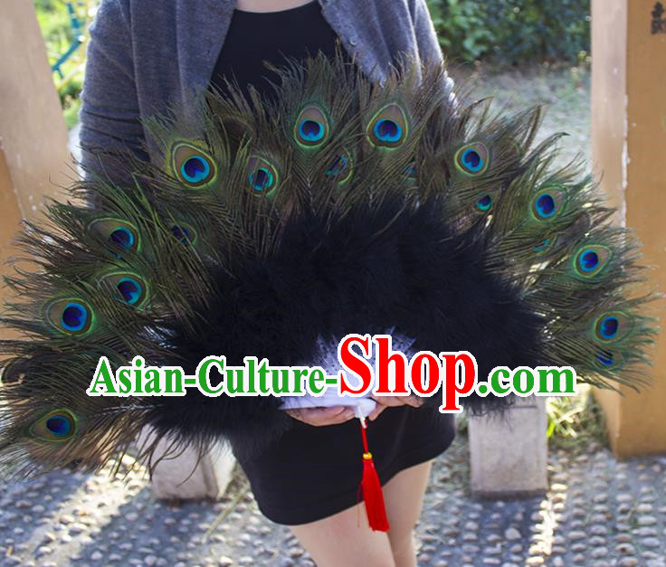 Traditional Handmade Chinese Classical Peacock Feather Fans, China Folk Dance Fan Dance Stage Performance Fan for Women