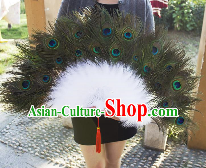 Traditional Handmade Chinese Classical Peacock Feather Fans, China Folk Dance Fan Dance Stage Performance Fan for Women