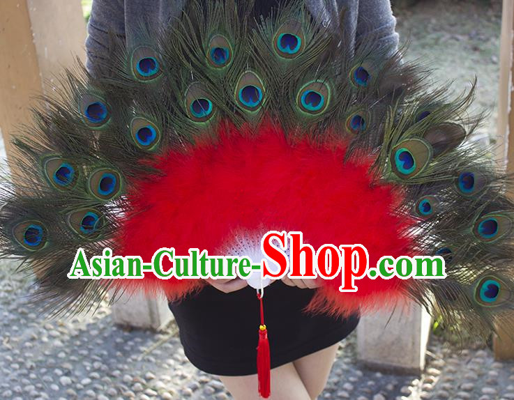 Traditional Handmade Chinese Classical Peacock Feather Fans, China Folk Dance Fan Dance Stage Performance Fan for Women