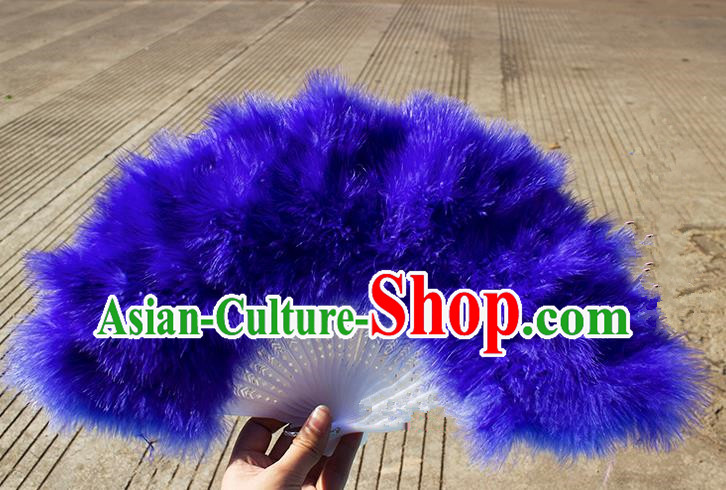 Traditional Handmade Chinese Classical Feather Fans, China Folk Dance Fan Dance Stage Performance Blue Fan for Women