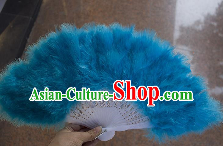 Traditional Handmade Chinese Classical Feather Fans, China Folk Dance Fan Dance Stage Performance Blue Fan for Women