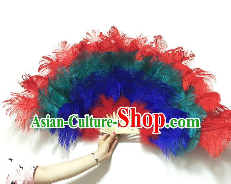 Traditional Handmade Chinese Classical Ostrich Feather Fans, China Folk Dance Fan Dance Stage Performance Colorful Fan for Women