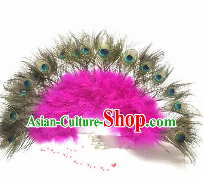 Traditional Handmade Chinese Classical Peacock Feather Fans, China Folk Dance Fan Dance Stage Performance Pink Fan for Women