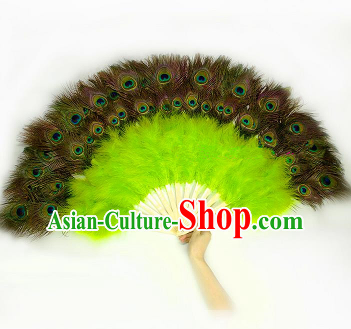 Traditional Handmade Chinese Classical Peacock Feather Fans, China Folk Dance Fan Dance Stage Performance Large Size Green Fan for Women