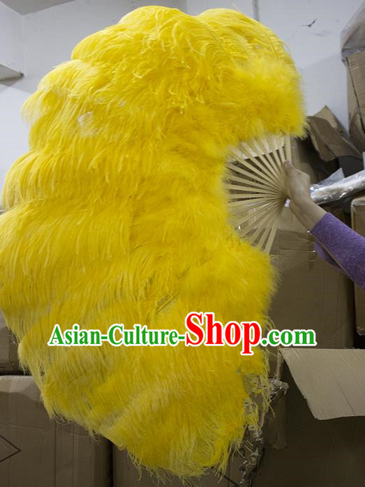 Traditional Handmade Chinese Classical Ostrich Feather Fans, China Folk Dance Fan Dance Stage Performance Large Size Yellow Fan for Women