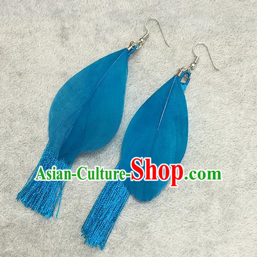 Chinese Classicla Jewelry Accessory Earbob Accessories, Handmade Blue Feather Tassel Earrings Eardrop for Women