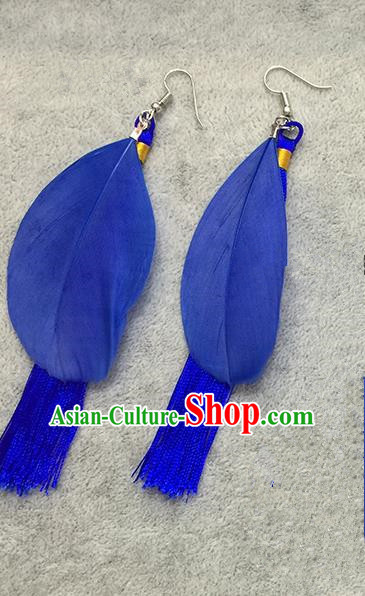 Chinese Classicla Jewelry Accessory Earbob Accessories, Handmade Royalblue Feather Tassel Earrings Eardrop for Women