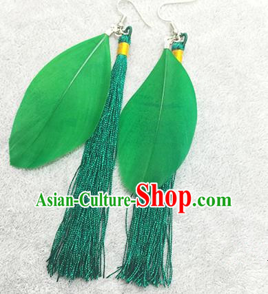 Chinese Classicla Jewelry Accessory Earbob Accessories, Handmade Green Feather Tassel Earrings Eardrop for Women