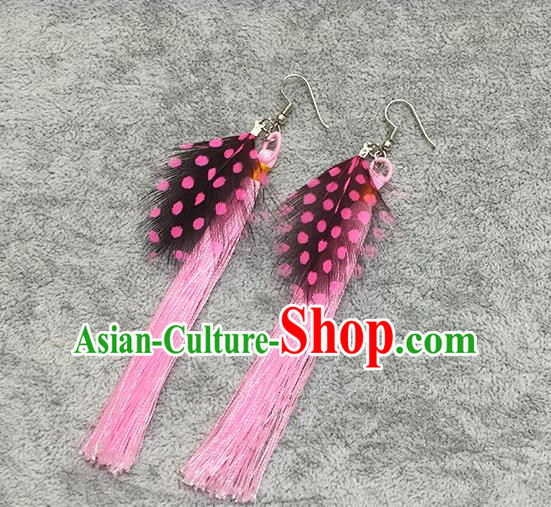 Chinese Classicla Jewelry Accessory Earbob Accessories, Handmade Pink Feather Tassel Earrings Eardrop for Women