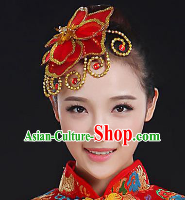 Traditional Handmade Chinese Yangge Fan Dancing Classical Hair Accessories, Folk Dance Yangko Peacock Dance Red Flower Headwear For Women