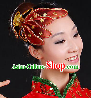 Traditional Handmade Chinese Yangge Fan Dancing Classical Hair Accessories, Folk Dance Yangko Peacock Dance Red Flower Headwear For Women