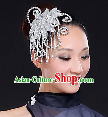 Traditional Handmade Chinese Yangge Fan Dancing Classical Hair Accessories, Folk Dance Yangko Peacock Dance Tassel Headwear For Women