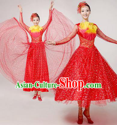 Traditional Chinese Modern Dancing Costume, Women Opening Classic Chorus Singing Group Dance Paillette Costume, Folk Dance Yangko Costume, Modern Dance Long Red Peony Dress for Women