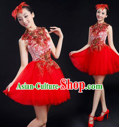 Traditional Chinese Modern Dancing Costume, Women Opening Classic Chorus Singing Group Dance Paillette Costume, Modern Dance Short Red Bubble Dress for Women