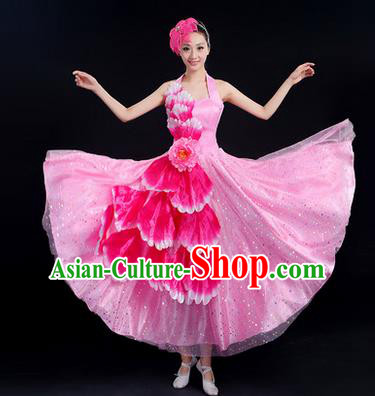 Traditional Chinese Modern Dancing Costume, Women Opening Classic Chorus Singing Group Dance Peony Costume, Folk Dance Costume, Modern Dance Pink Dress for Women