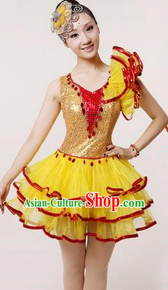 Traditional Chinese Modern Dancing Costume, Women Opening Classic Stage Performance Chorus Singing Group Dance Paillette Costume, Modern Dance Yellow Bubble Dress for Women