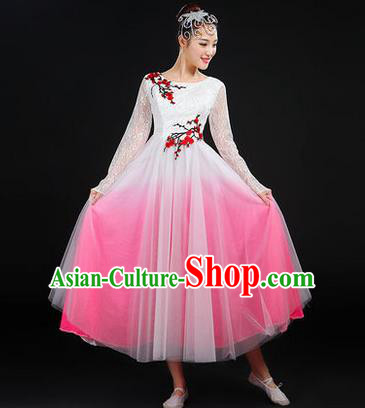 Traditional Chinese Modern Dancing Costume, Women Opening Classic Chorus Singing Group Dance Costume, Modern Dance Embroider Plum Blossom Bubble Dress for Women