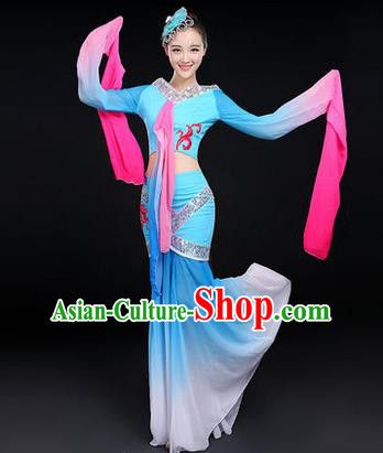 Traditional Chinese Yangge Fan Dancing Costume, Folk Dance Yangko Water-Sleeve Costume Drum Dance Blue Fairy Hanfu Clothing for Women