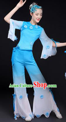 Traditional Chinese Yangge Fan Dancing Costume, Folk Dance Yangko Costume Drum Dance Classic Dance Jasmine Flower Blue Clothing for Women