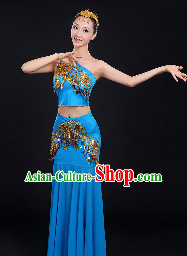 Traditional Chinese Dai Nationality Peacock Dancing Costume, Folk Dance Ethnic Paillette Dress, Chinese Minority Nationality Classic Dance Blue Costume for Women