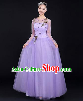 Traditional Chinese Modern Dancing Costume, Women Opening Classic Chorus Singing Group Dance Costume, Modern Dance Purple Bubble Dress for Women