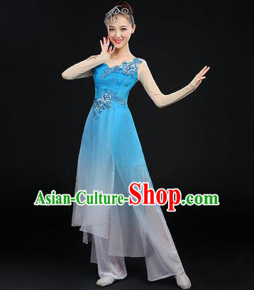 Traditional Chinese Yangge Fan Dancing Costume, Opening Dance Costume, Classic Dance Folk Dance Yangko Costume Drum Dance Blue Peony Clothing for Women