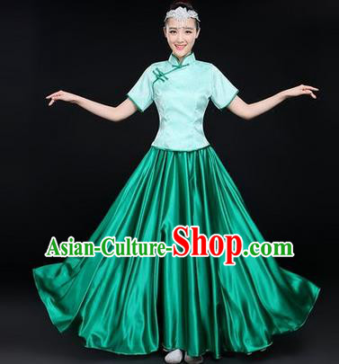 Traditional Chinese Yangge Fan Dancing Costume, Opening Dance Costume, Classic Dance Folk Dance Yangko Costume Drum Dance Green Satin Clothing for Women