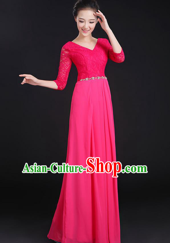 Traditional Chinese Modern Dancing Costume, Women Opening Classic Chorus Singing Group Dance Lace Clothing, Modern Dance Long Pink Dress for Women