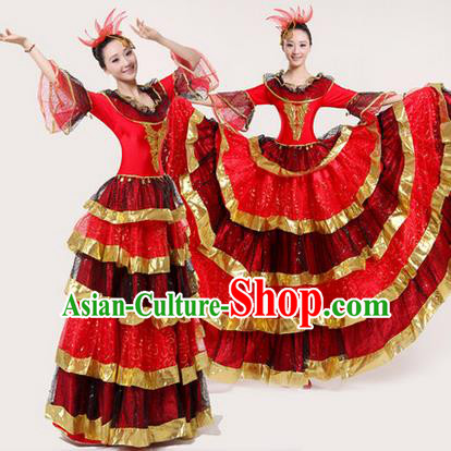 Traditional Chinese Modern Dancing Costume, Women Opening Classic Chorus Singing Group Dance Paillette Costume, Modern Dance Big Swing Red Dress for Women