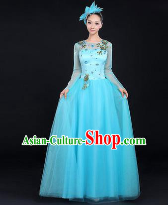 Traditional Chinese Modern Dancing Costume, Women Opening Classic Chorus Singing Group Dance Costume, Modern Dance Big Swing Embroidered Blue Long Dress for Women