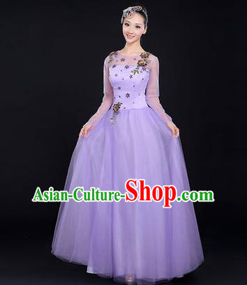 Traditional Chinese Modern Dancing Costume, Women Opening Classic Chorus Singing Group Dance Costume, Modern Dance Big Swing Embroidered Purple Long Dress for Women