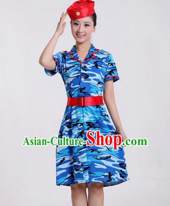 Traditional Chinese Modern Dancing Costume, Women Opening Classic Chorus Singing Group Dance Costume, Modern Dance Camouflage Blue Dress for Women