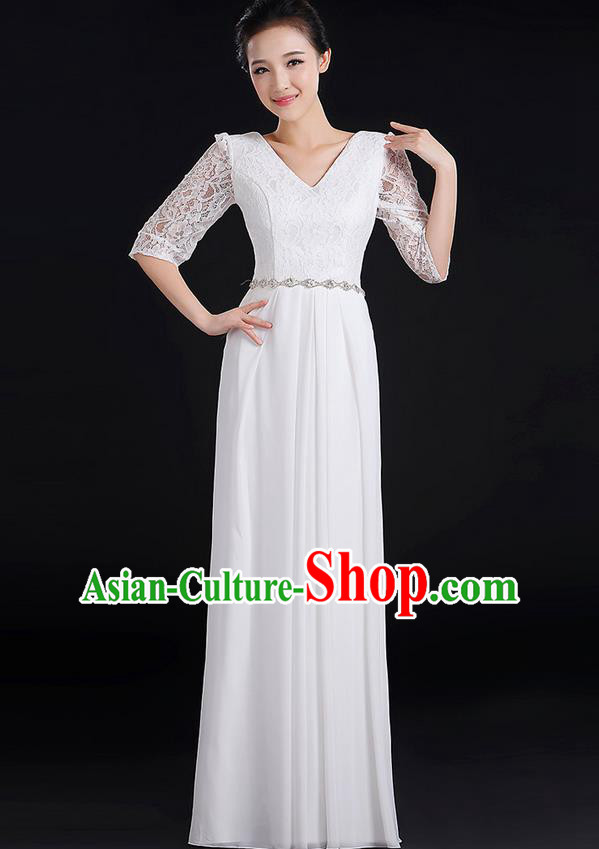 Traditional Chinese Modern Dancing Costume, Women Opening Classic Chorus Singing Group Dance Lace Clothing, Modern Dance Long White Dress for Women