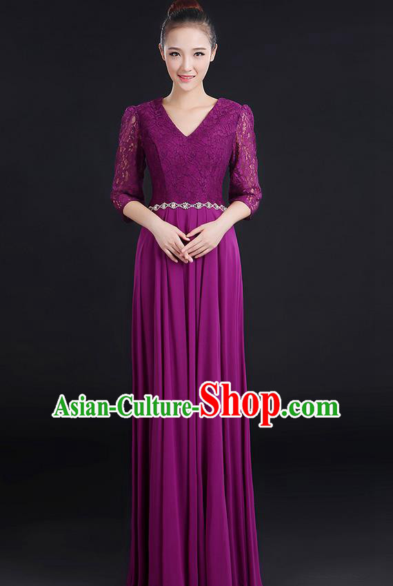 Traditional Chinese Modern Dancing Costume, Women Opening Classic Chorus Singing Group Dance Lace Clothing, Modern Dance Long Purple Dress for Women