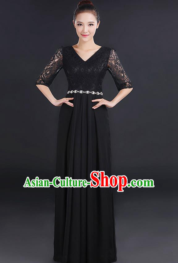 Traditional Chinese Modern Dancing Costume, Women Opening Classic Chorus Singing Group Dance Lace Clothing, Modern Dance Long Black Dress for Women