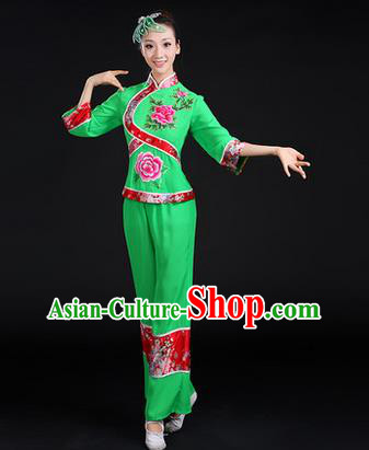 Traditional Chinese Yangge Fan Dancing Costume, Folk Dance Yangko Peony Uniforms, Classic Dance Dress Drum Dance Green Clothing for Women