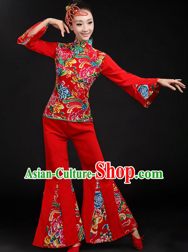Traditional Chinese Yangge Fan Dancing Costume, Folk Dance Yangko Peony Uniforms, Classic Dance Dress Drum Dance Red Clothing for Women