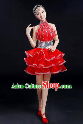 Traditional Modern Dancing Costume, Women Opening Classic Chorus Singing Group Dance Bubble Uniforms, Modern Dance Short Paillette Red Dress for Women