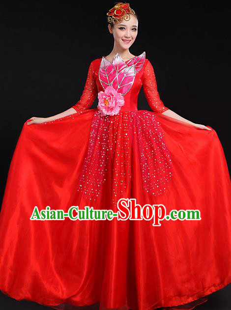 Traditional Modern Dancing Costume, Women Opening Classic Chorus Singing Group Dance Bubble Uniforms, Modern Dance Long Paillette Peony Red Dress for Women