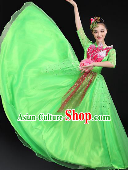 Traditional Modern Dancing Costume, Women Opening Classic Chorus Singing Group Dance Bubble Uniforms, Modern Dance Long Paillette Peony Green Dress for Women