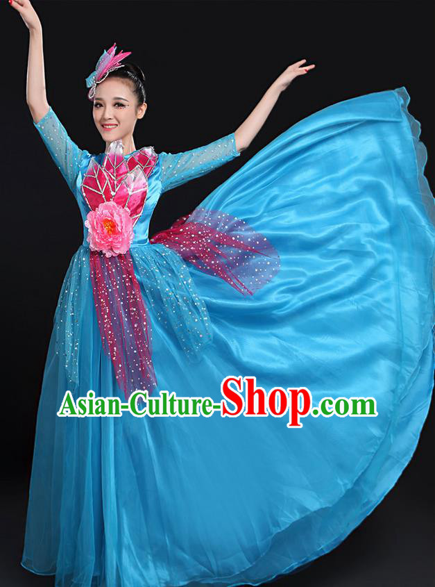 Traditional Modern Dancing Costume, Women Opening Classic Chorus Singing Group Dance Bubble Uniforms, Modern Dance Long Paillette Peony Blue Dress for Women