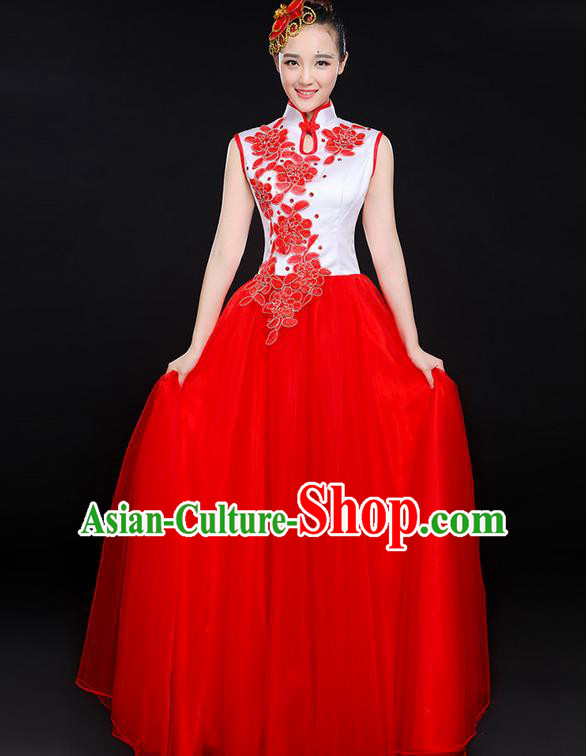 Traditional Modern Dancing Costume, Women Opening Classic Chorus Singing Group Dance Bubble Uniforms, Modern Dance Long Embroidered Cheongsam Dress for Women